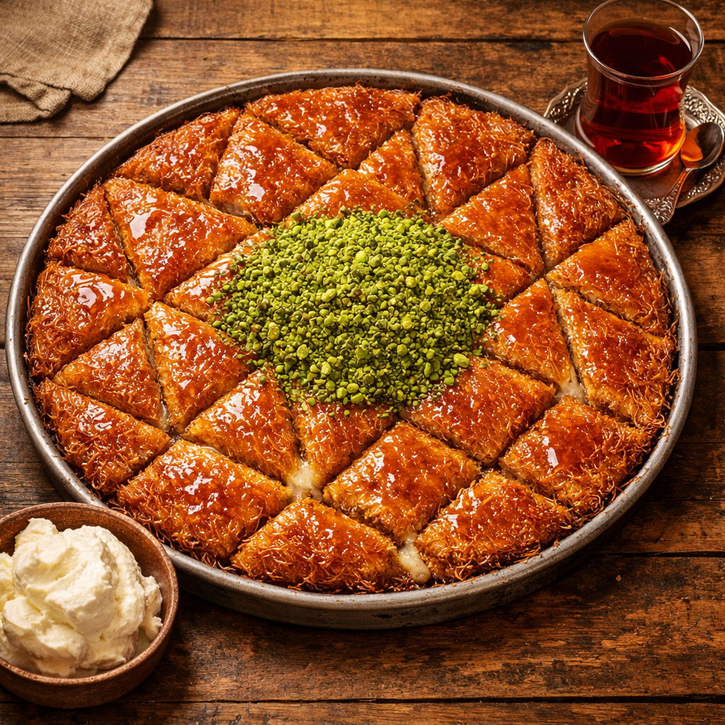 Aile tepsisinde dilimlenmiş büyük boy künefe, kenarda kaymak ve fıstık eşliğinde sunuluyor.