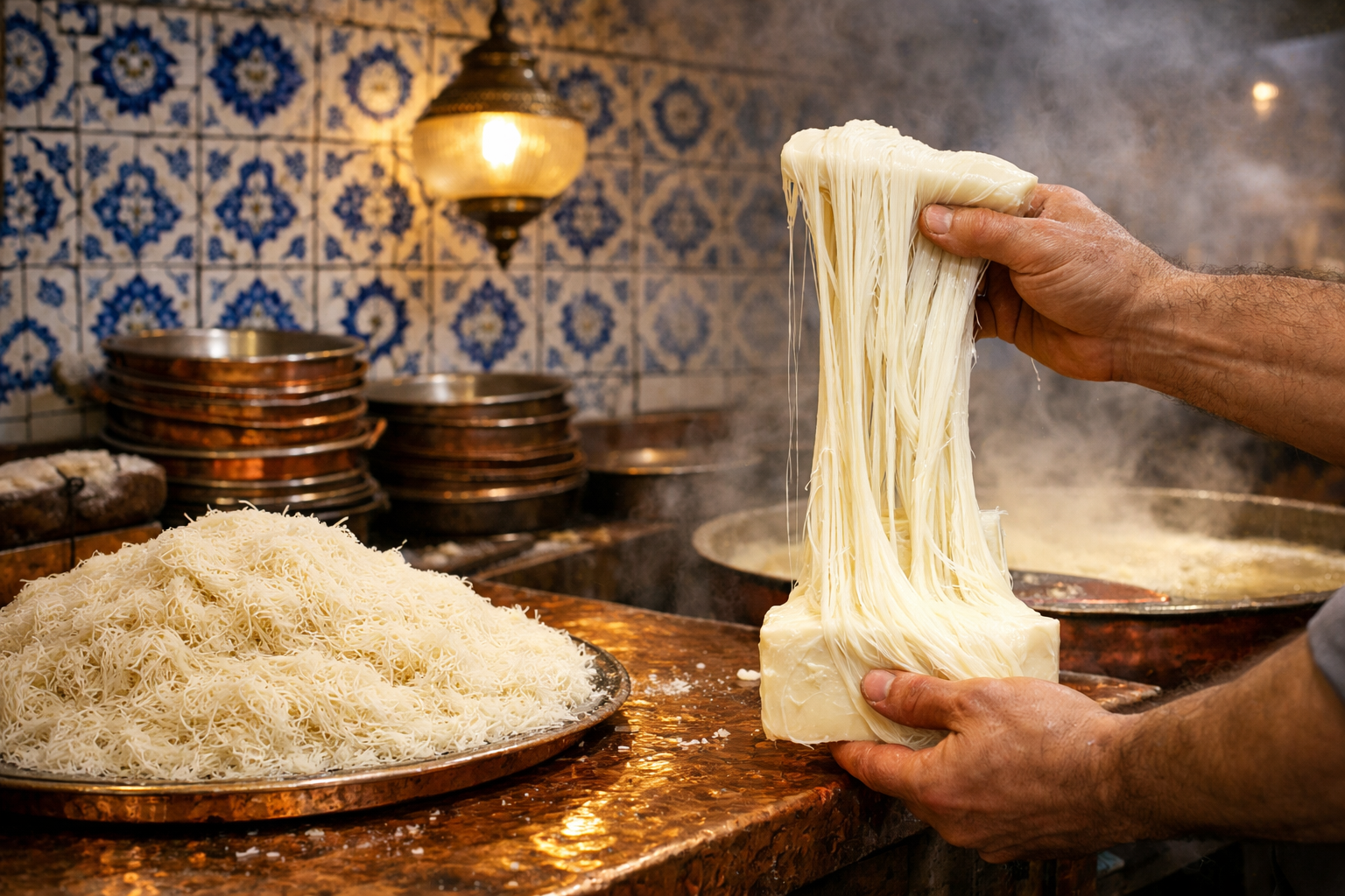 Bakır tezgah üzerinde taze tel kadayıf ve peynir ile hazırlanan künefe atölyesi.