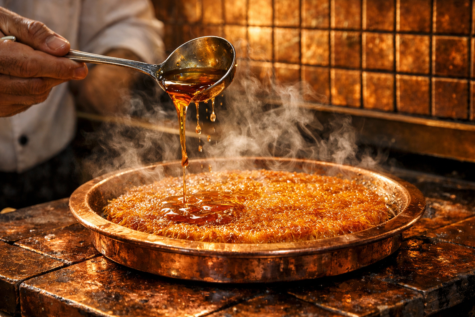 Bakır tavada pişen tel kadayıf üzerine şerbet dökülürken çekilmiş sıcak hazırlık anı.