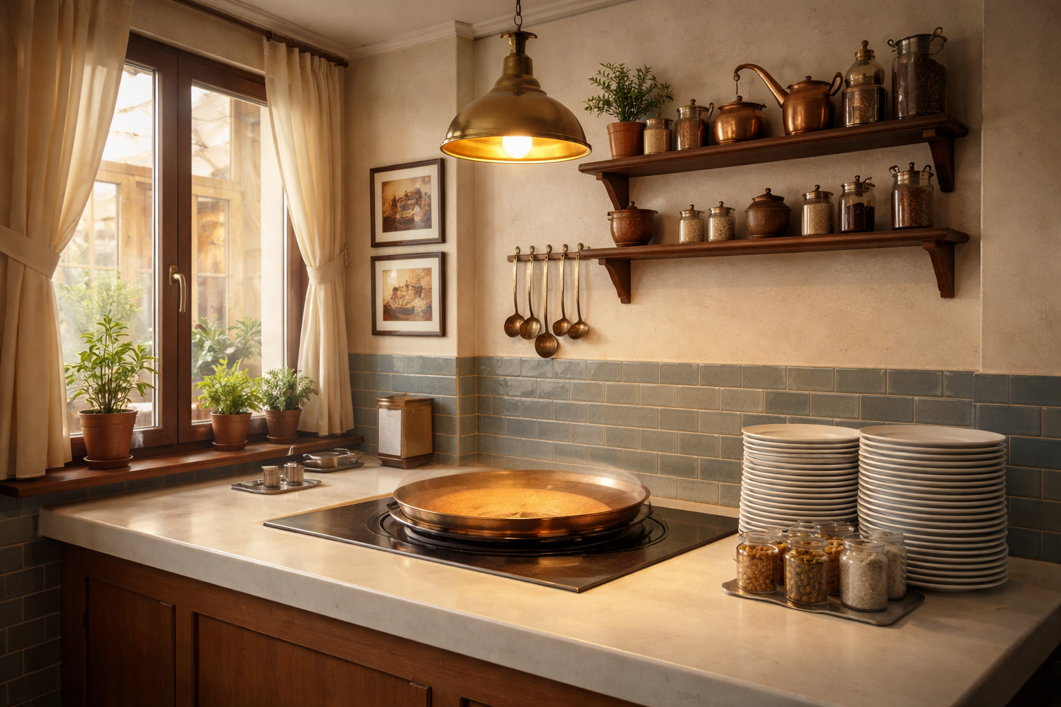 Aydınlık bir tezgahta bakır kap ve sıcak künefe sunumu; arka planda mutfak detayı.