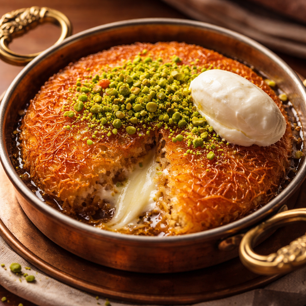 Tel kadayıf ve taze peynirle hazırlanmış sıcak künefe porsiyonu, üzerine fıstık serpilmiş.