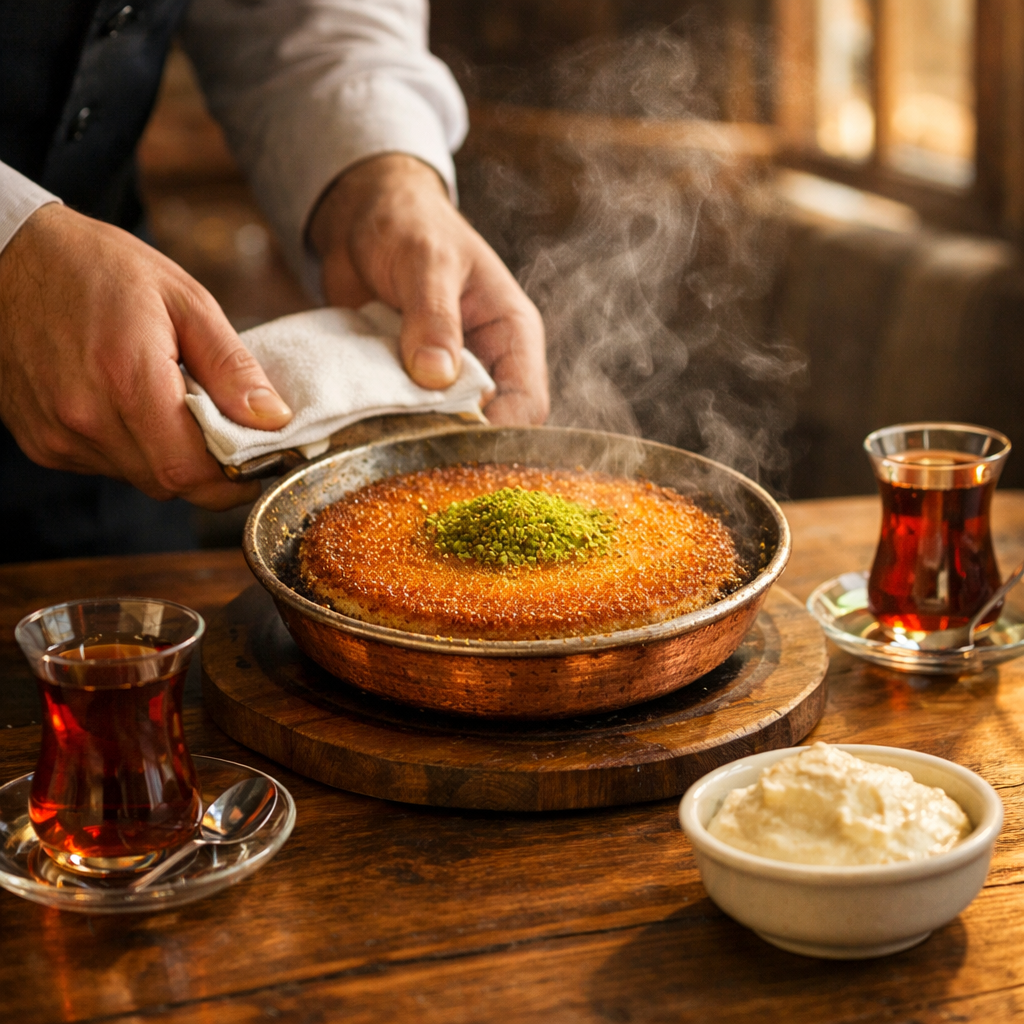 Masada paylaşılmak üzere sunulmuş künefe tabağı; yanında çay ve kaymak.